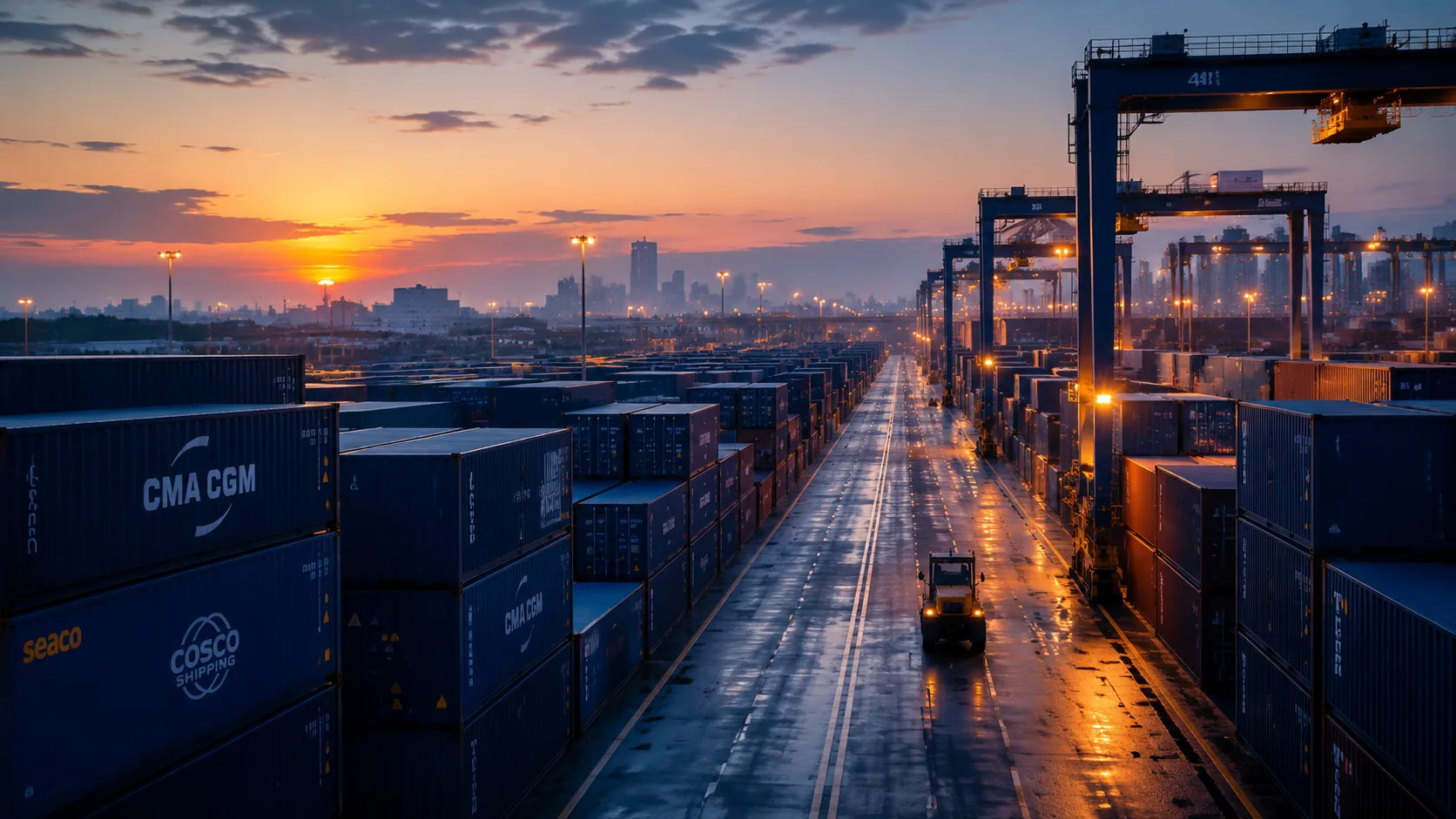 Container-Hafen bei Dämmerung