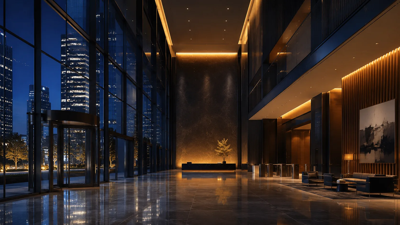 Bürogebäude-Lobby bei Nacht